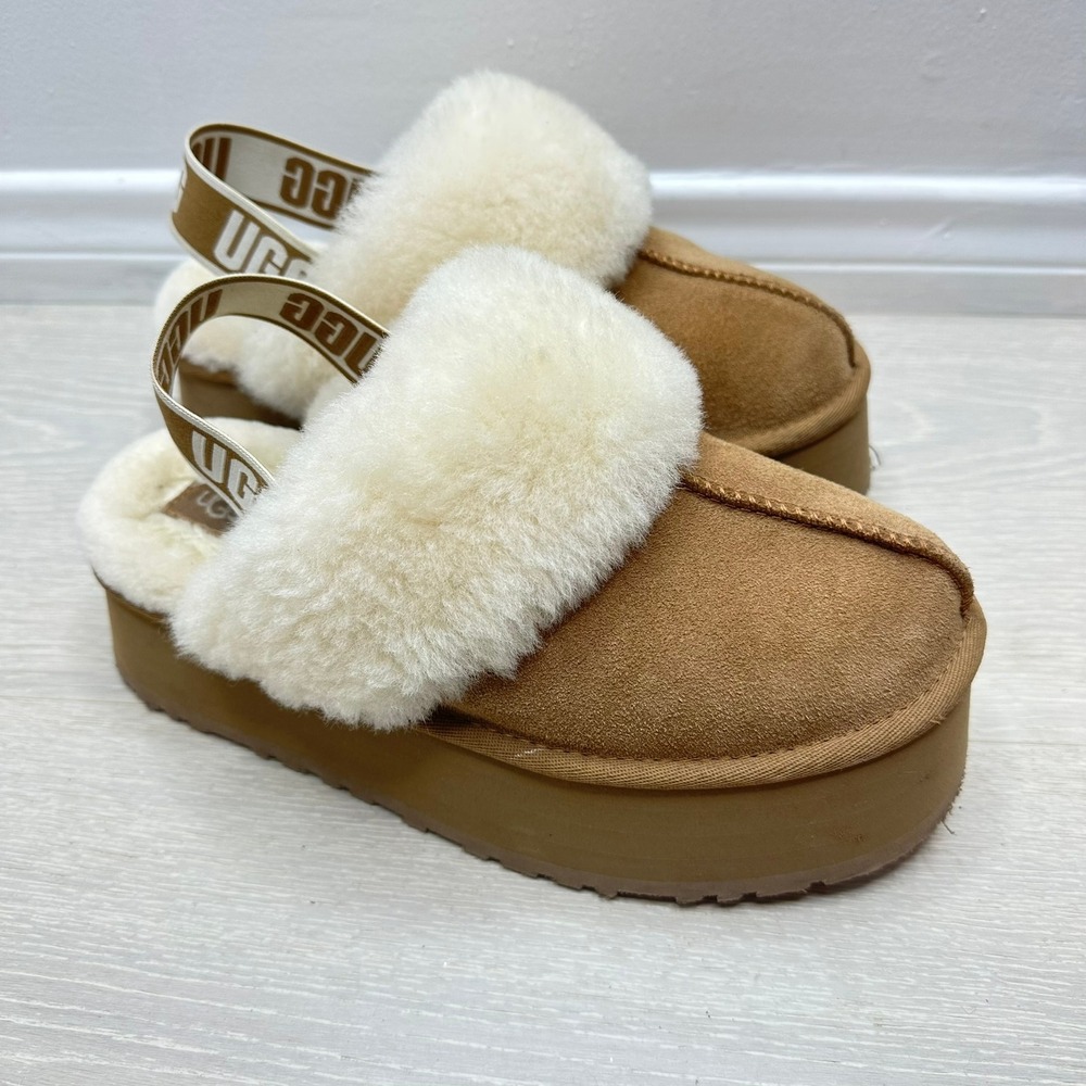 UGG Funkette Platform Slippers Womens Chestnut Suede Sheepskin Strap Womans 8